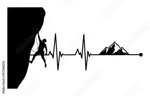 rock climbing heartbeat line with climber and mountain vector