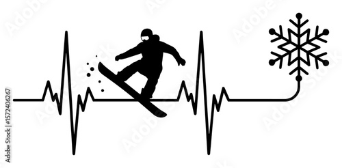 snowboarding heartbeat line with snowboarder and snowflake vector
