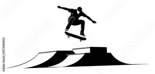 skateboarder silhouette mid air trick on ramp