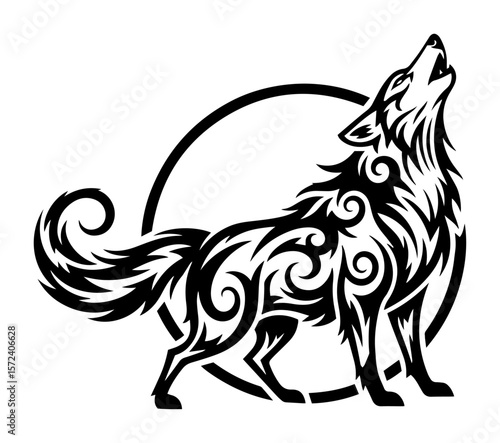Howling wolf in tribal style. Vector illustration of an ornamental animal for a logo or tattoo design.