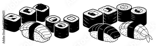 Sushi Assortment Silhouette – Nigiri & Maki Rolls Vector Icons Set