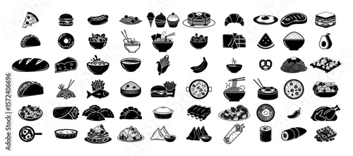 Food Icons Set – World Cuisine Black Silhouette Vector Collection