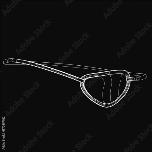 A black eyepatch with a white line art patch on one eye, outlined in clean vector style on a dark background. The minimalist design features smooth curves, sharp details, and bold contrast