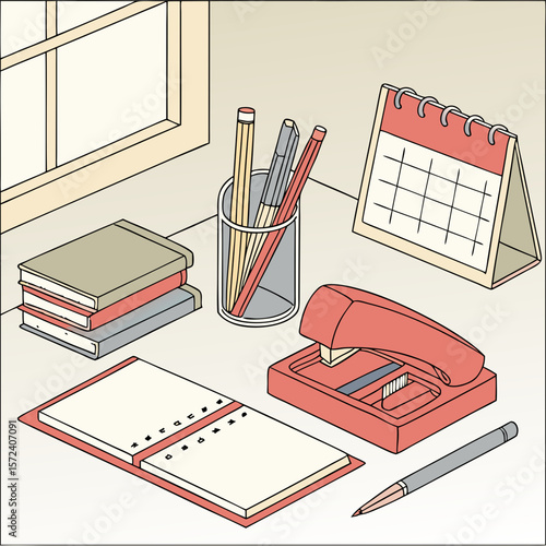 Desk supplies with calendar and books office supplies