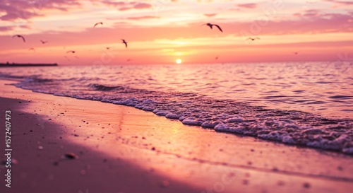 Serene beach sunset with birds flying over calm ocean waves at dusk time