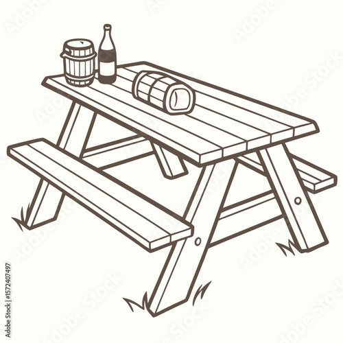Wooden picnic table with barrel and bottle rolled mat