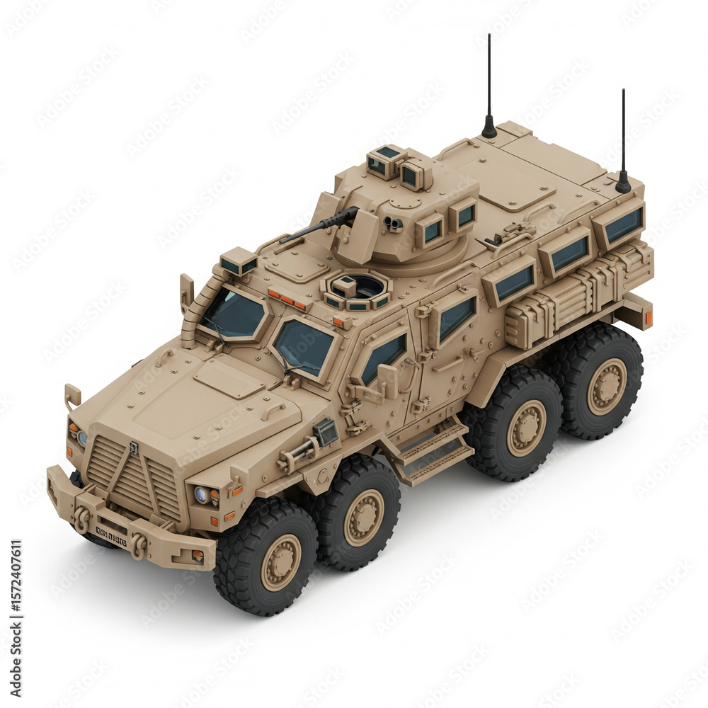 Isometric view of a tan-colored six-wheeled military armored vehicle with a turret and antennas on a white background. Isometric view of a tan-colored six-wheeled military armored vehicle with a turret and antennas on a white background.