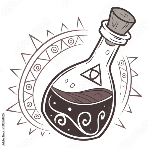 Mystical potion bottle with ancient sun symbol glass
