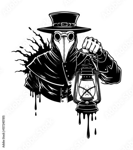 plague doctor with lantern vintage illustration