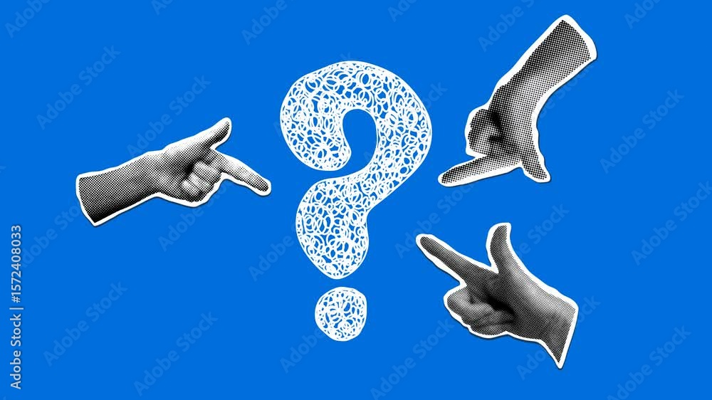 Modern collage with pointing hands and question mark. Doodle style ...