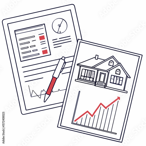 House investment analysis with red pen document chart