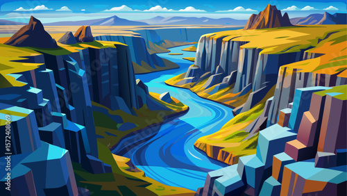 Spectacular aerial view of Studlagil basalt canyon in Iceland, showcasing dramatic geometric basalt columns flanking a vibrant blue glacial river. A natural wonder of Eastern Iceland