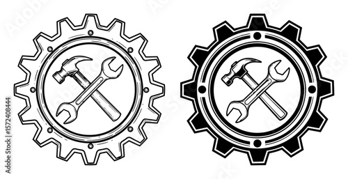 workshop emblem with tools and gear vector set