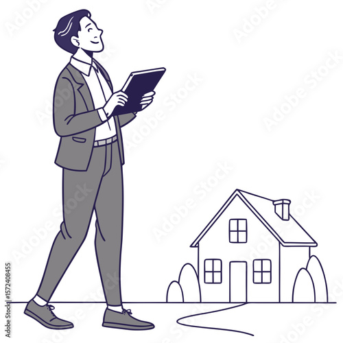 Agent with tablet near house real estate agent suit