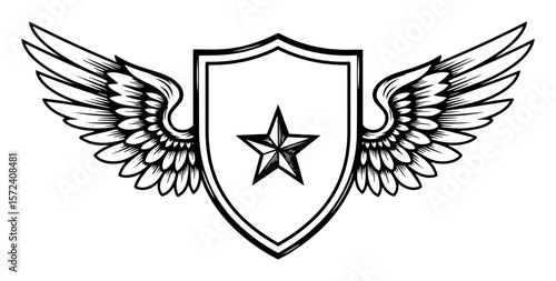 winged shield star emblem vector illustration
