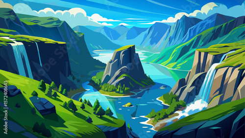 A stunning aerial view taken from Norway captures dramatic cliffs, lush greenery, and crystal-clear blue waters. The scene features the famous Krag plateau rising above the fjord
