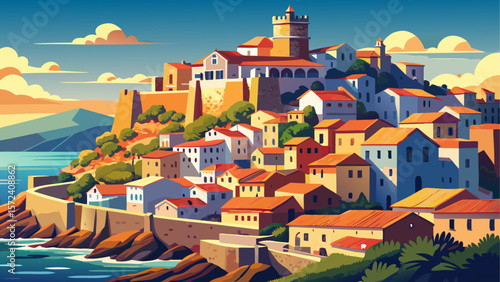 Charming medieval town of Castelsardo perched on a rocky hilltop overlooking the sea in Sardinia, Italy. Stone houses, narrow winding streets