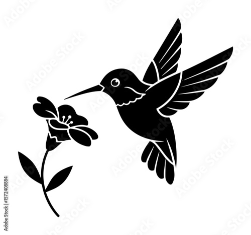 hummingbird feeding on flower silhouette vector illustration