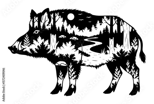 Wild boar double exposure silhouette. Vector illustration of a forest landscape inside an animal shape.