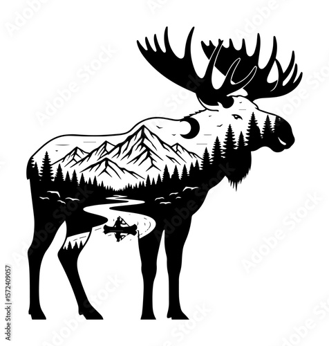 Moose double exposure silhouette. Vector illustration of a mountain and forest landscape inside an animal shape.