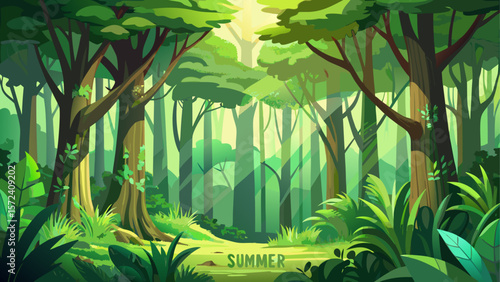 Lush green summer forest filled with vibrant foliage, creating a fresh and lively springtime backdrop. Sunlight filters softly through the dense canopy