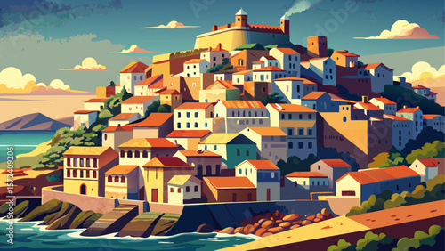 Charming medieval town of Castelsardo perched on a rocky hilltop overlooking the sea in Sardinia, Italy. Stone houses, narrow winding streets