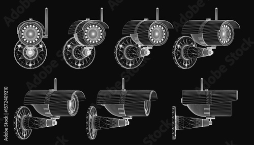 A set of CCTV cameras displayed on a black background features detailed blueprints highlighting their surveillance components. The design showcases multiple angles, technical specifications.