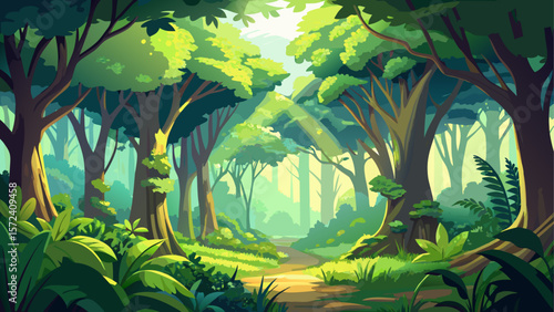 Lush green summer forest filled with vibrant foliage, creating a fresh and lively springtime backdrop. Sunlight filters softly through the dense canopy