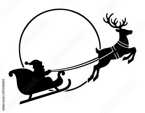 santa claus in sleigh with reindeer silhouette frame