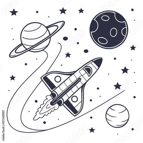 Space rocket flying past planets and stars saturn