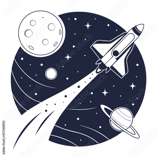 Space shuttle journey moon planet stars rocket