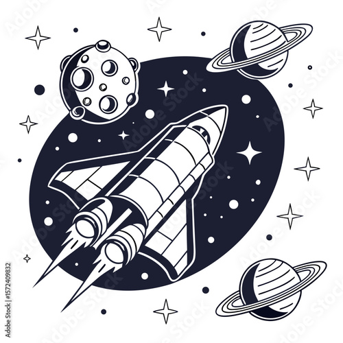 Space shuttle flying past planets and stars rocket