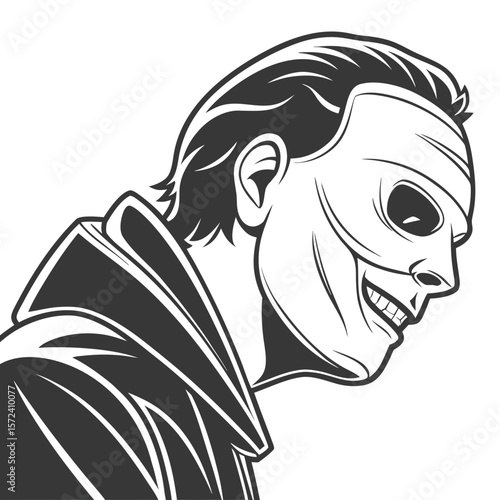 Man wearing skull mask smiling black and white