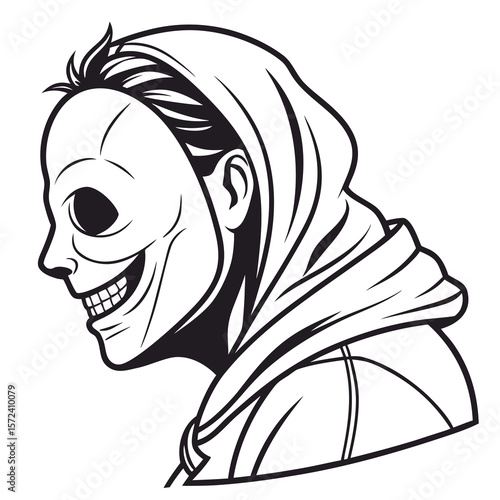 Grinning skull mask with hood black and white