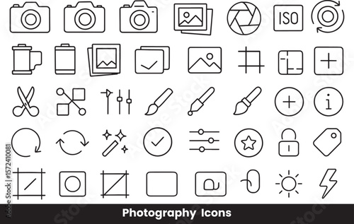 Collection of Photography Equipment and Camera Setting Outline Icons
