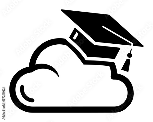E-learning vector icon. Graduation cap on a cloud symbol for online education and distance learning