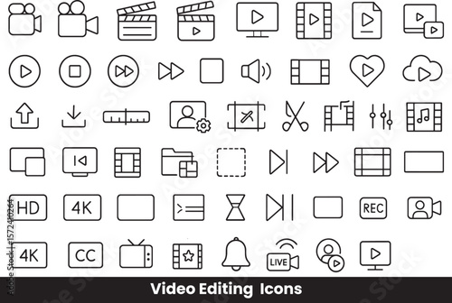 Collection of Filmmaking, Video Editing, and Streaming Outline Icons