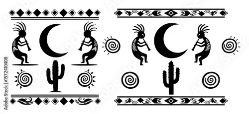 dancing kokopelli moon cactus southwest tribal border vector illustration