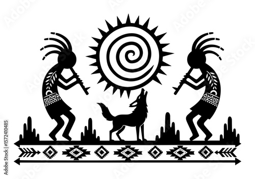 two kokopelli coyote sun tribal border vector
