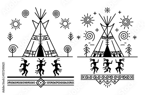 native american tribal art with teepee silhouette vector