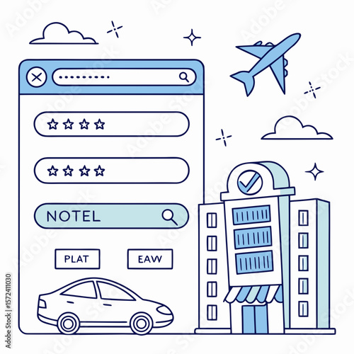 Booking interface with hotel airplane and car travel