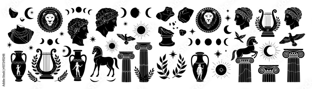 Obraz premium ancient greek mythology and art icon set vector