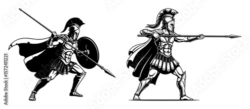ancient spartan warrior with spear and shield mascot set