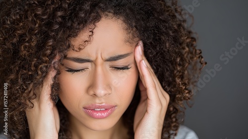 Close-up of woman touching her temple with a painful expression, showing headache symptoms. 