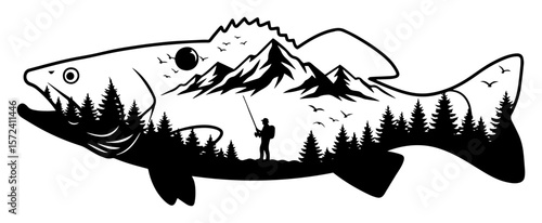 fishing double exposure with fish and landscape vector