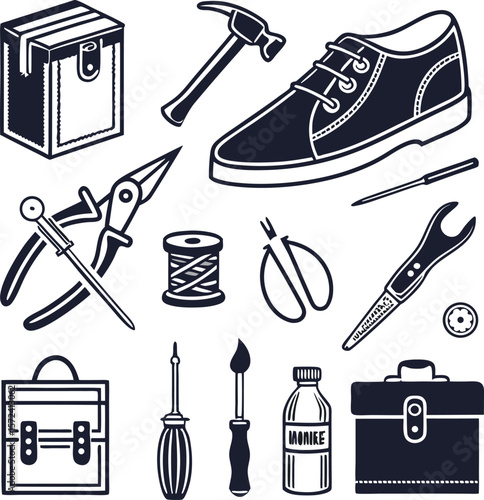 Leather & Shoe Repair Icon Set – Tools, Restoration & Footwear Maintenance Vector Pack