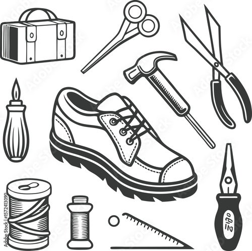 Leather & Shoe Repair Icon Set – Tools, Restoration & Footwear Maintenance Vector Pack