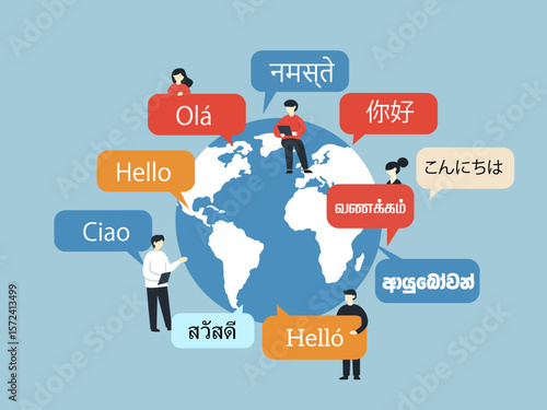 young people chatting foreign languages phone multilingual greeting hello different languages diverse culture international communication student speech bubbles earth planet