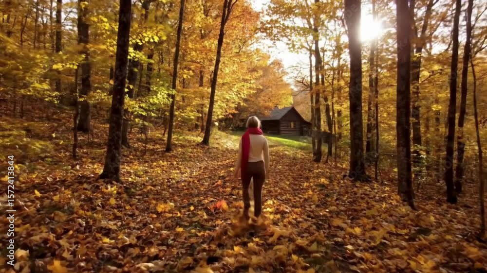 winding forest trail blanketed in a thick layer of fallen leaves during peak autumn. The trail gently curves into the distance, leading towards a rustic wooden cabin nestled amongst the trees. winding forest trail blanketed in a thick layer of fallen leaves during peak autumn. The trail gently curves into the distance, leading towards a rustic wooden cabin nestled amongst the trees.