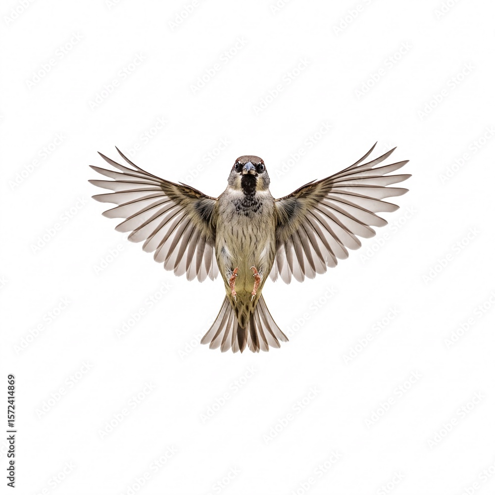 Obraz premium A small bird with brown plumage has spread its wings in flight.